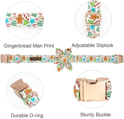 Dog Collar Christmas Winter Gingerbread Man Print Pet Collar Soft Cute Dog Collars with Flower Adjustable Metal Buckle Collar for Small Dogs