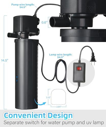 COOSPIDER Aquarium Filter with 9W U-V Light 500GPH for 100-300 Gallon Tank