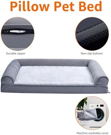 Amazon Basics Living Room Couch Dog Bed with Premium Foam, Non-Slip Bottom, Removable Washable Cover, Pressure-Relief Support for Dogs up to 55lbs, Large (36" x 27"), Grey