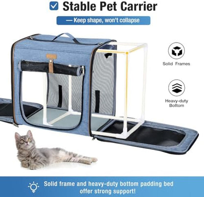 Lekereise Large Cat Carrier for 2 Cats, 2-in-1 Cat Travel Carrier with Litter Box, (17.7" x2) x16.5"x13" Pet Carrier with Zipper Locks for Moving Across The Country (No Hammock) - Blue