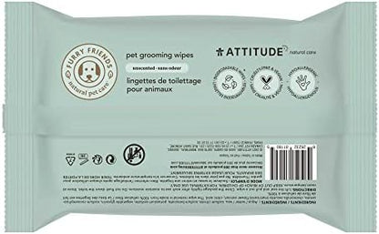 ATTITUDE Pet Grooming Wipes, Hypoallergenic Plant and Mineral-Based Ingredients, Vegan and Cruelty-Free Biodegradable Products, Unscented, 72 Count (Pack of 2)
