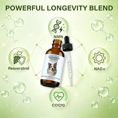 Longevity Supplement for Dogs, Senior Dog Supplements with NMN, NAD+, CoQ10 & Resveratrol - Nanoliposomal Liquid Drops for Joint Support, Heart Health & Healthy Aging - 60ml