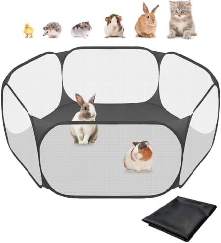 Amakunft 2 in 1 Small Animal Playpen with Waterproof Pad, Pop-Up Portable Play Yard for Guinea Pigs, Rabbits, Hamsters, Hedgehogs, Foldable Exercise Fence with Breathable Mesh for Indoor Outdoor Use