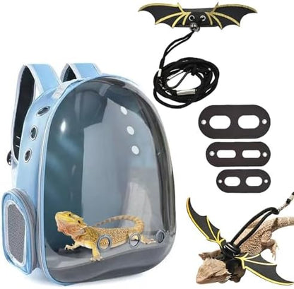 kathson Bearded Dragon Carrier with Harness and Leash Set, Large Reptile Travel Carrier Portable Lizard Backpack Clear Small Animals Carrying Bag for Gecko Hamster Rabbit Hedgehog Kitten (Blue)