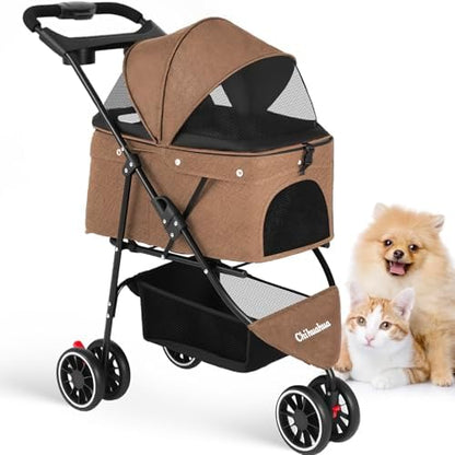 Pet Stroller,Dog Stroller for Small Medium Dogs Cats,3 Wheels,Deep Brown