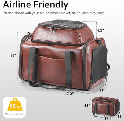 Premium Leather Top Expandable Pet Carrier for Small Dogs & Cats Under 15 lbs, Airline Approved Collapsible Soft-Sided Luxury Travel Bag Coffee