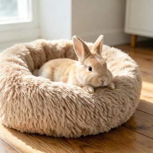 Rabbit Bed, Long Plush Donut Shaped Washable Bunny Hideout Soft Pet Bedding Mat for Guinea Pig, Kitten, Chihuahua & Small Pets for Snuggling Resting - Khaki