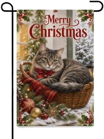 Merry Christmas Garden Flag 12x18 Inch Tabby Cat Wicker Basket Red Bow Holly Ornament Snowy Vintage Cottage Outdoor Yard Lawn Front Porch Welcome Double Sided Banner Decor