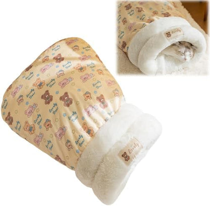 Cat Sleeping Bag, Cat Sleeping Bag for Indoor Cats Self Heating Cozy Winter Soft Plush Self Warm Kittens Indoor Sack 360°Wrap Comfortable Pet Snuggle Sack for Cats up to 8kg/17.6lb (Brown Bear)