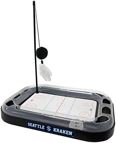 Cat Scratching Toy Hockey Field ICE HOCKEY RINK Cat Scratcher Toy with Interactive Cat Ball Bell in Tracks. 5-in-1 CAT TOY: Cat Wand Poll, CATNIP FILLED Plush Hockey Puck & Feathers