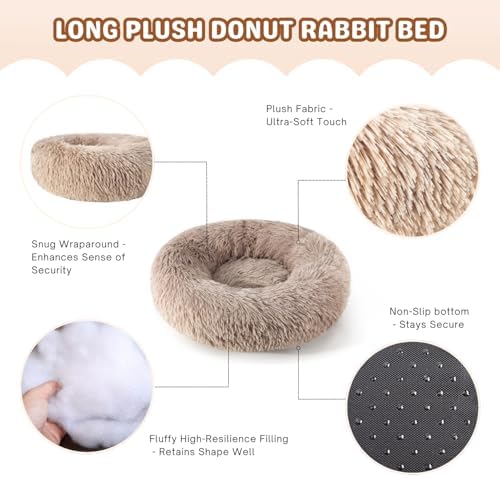 Rabbit Bed, Long Plush Donut Shaped Washable Bunny Hideout Soft Pet Bedding Mat for Guinea Pig, Kitten, Chihuahua & Small Pets for Snuggling Resting - Khaki