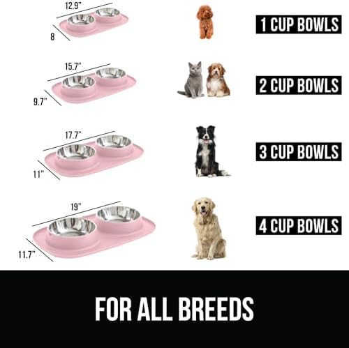 GORILLA GRIP Dog Bowl Set with Feeding Mat, 304 Stainless Steel, 2 Cup Pink