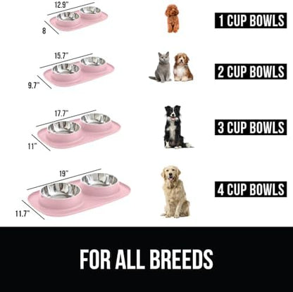 GORILLA GRIP Dog Bowl Set with Feeding Mat, 304 Stainless Steel, 2 Cup Pink