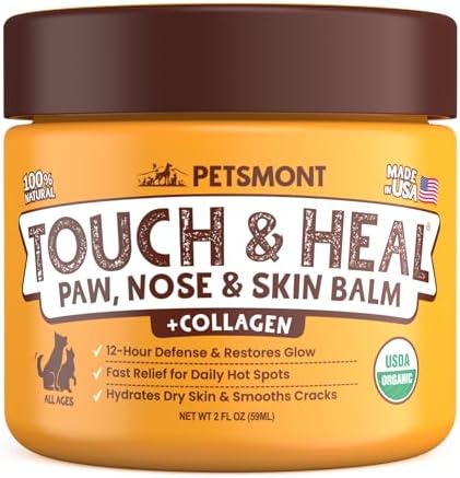 Petsmont Touch & Heal Organic Paw Balm for Dogs 2oz - Cream Lotion Protection Moisturizer Nose Natural Soother Hot Pavement Wax Dry Paws Cracked Butter Protectors Pad Snout Puppy Elbow Foot Pet