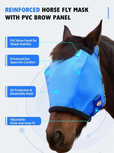Harrison Howard Reinforced Horse Fly Mask with Mirror PVC Brow Support, Enhanced Eye Space, UV Protection Sky Blue M