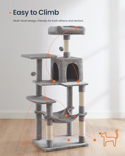 SONGMICS HOME Cat Tree for Indoor Cats, Multi-Level Cat Tower with Sisal Scratching Posts, Hammock and Condo, Light Gray