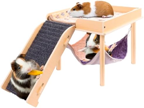 BESNEW Enlarged Guinea Pig Hammock with Platform and Stairs,Wooden Small Animal Hideout for Guinea Pigs Bunny Ferret Hamster Hiding Sleeping Activities(Single)