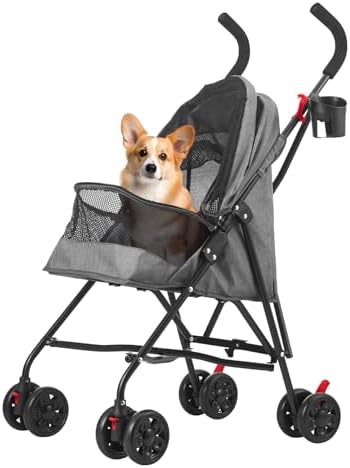 Pet Stroller Oxford Cloth Foldable Dog Strollers for Small Dogs and Cats Suitable for All Road Surfaces Wide-View Panoramic Window 4 Wheels with Brakes Portable Design, Easy to Store (Grey)