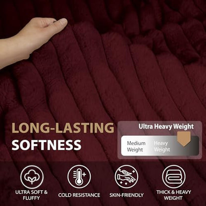 DEZ FURNISHINGS Luxury Reversible Textured Stripe Faux Fur & Velvet Throw Blanket, Throw XL (50" x 70"), Burgundy Red