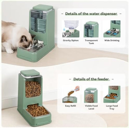 2 Pack Automatic Cat Feeder Stainless Steel Gravity Food and Water Dispenser for Small Medium Kitten Puppy Pets (Green)