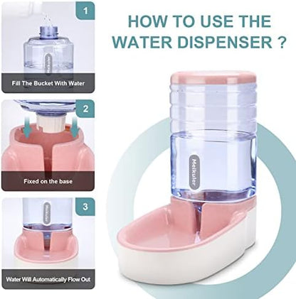 Meikuler Automatic Dog Cat Feeder and Water Dispenser Set,Waterer and Gravity Food Feeder for Small & Medium Dogs Cats Puppies,Large Capacity 1 Gallon x 2(Pink)