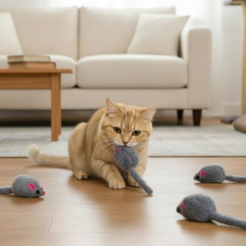 5 PCS Cat Toy Mice, Gray Fur Rattle Mouse Toys for Cats Realistic Mice Animal Toys Artificial Fur Pet Supplies Interactive Kitten Toy for Indoor Cats Self Play