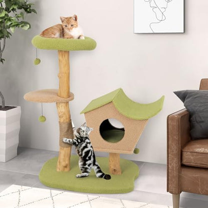 Tangkula Cat Tree, Solid Wood Cat Tower with Jute Scratching Post, Condo, Perch, Jingling Ball, Multi-Layer Activity Center, Modern Cute Cat Tree for Indoor Cats