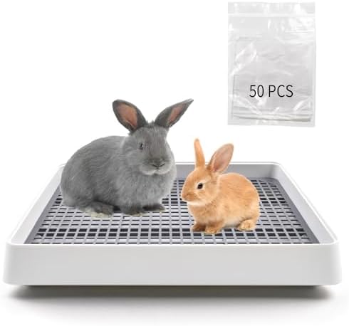 Large Rabbit Litter Box for Cage,Bunny Litter Box Grate Restroom with 50 Pcs Disposable Rabbit Cage Liner Guinea Pig Litter Pan with Grate Rabbits Litter Tray Pet Toilet for Rat Ferret Hamster