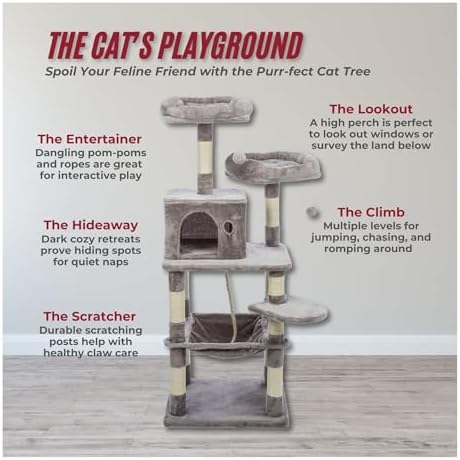 Trixie 56.3" Eduardo Cat Tree, 4-Level Indoor Cat Furniture with Jute Scratching Posts, Plush Condo, Hammock & Platforms, Play Rope and Dangling Ball