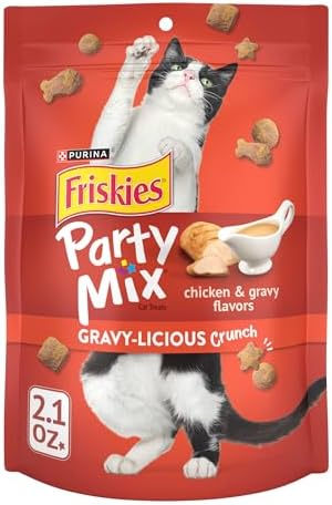 Friskies Purina Made in USA Facilities Cat Treats, Party Mix Crunch Gravylicious Chicken & Gravy Flavors - (10) 2.1 oz. Pouches