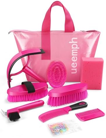 Horse Grooming Kit, Pink Storage Bag with 10 Piece Professional Equestrian Care Tools, Brushes, Combs, Scraper and Gloves (Pink)