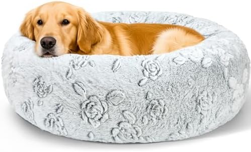 Dog Calming Beds for Small Medium Large Dogs - Round Donut Washable Puppy Dog Bed, Anti-Slip Faux Fur Fluffy Donut Cuddle Anxiety Cat Pet Bed (36" Rose)
