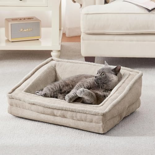 Laojin Balhen Cat Couch for Pets, Washable Cat Beds for Indoor Cats, Super Soft Plush Supportive Dog Couch Bed for Puppy and Kitten with Anti-Slip Bottom, 24inch, Beige
