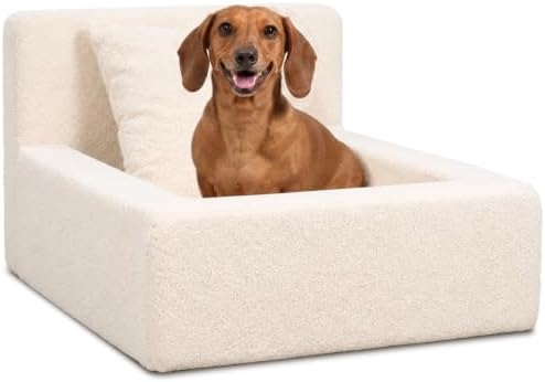 Boucle Dog Bed with Pillow, Furniture Style Dog Couch with Backrest, Washable Calming Pet Sofa Lounge for Small Medium Dogs, Beige