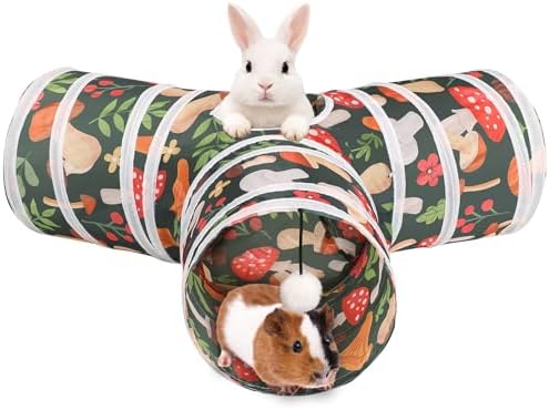 HERCOCCI Rabbit Toys, Bunny Tunnel & Tube, Collapsible 3 Way Rabbit Hideout Tunnel with Chew Toy for Bunny Guinea Pig Ferret Kitten