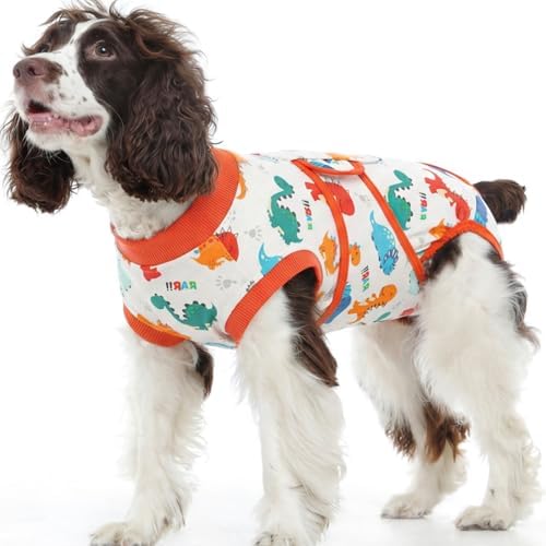 Kuoser Dog Surgery Recovery Suit, Soft Breathable Dog Recovery Suit for Female Spay Male Nueuter, Anti Licking Puppy Onesie Pet Surgical Suit for Dogs Abdominal Wounds Skin Disease, Dinosaur M