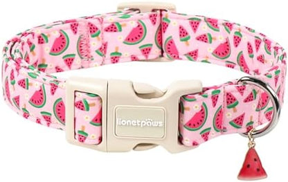 Lionet Paws Pink Watermelon Dog Collar Sweet Spring Summer Collars with Cute Watermelons Pattern Pendant - Female Girl Dog Collar for Small Medium Dogs XS