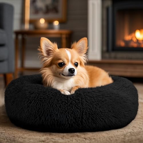 Dogs Bed for Small Dogs, Anti-Anxiety Washable Round Bed (24in Black)