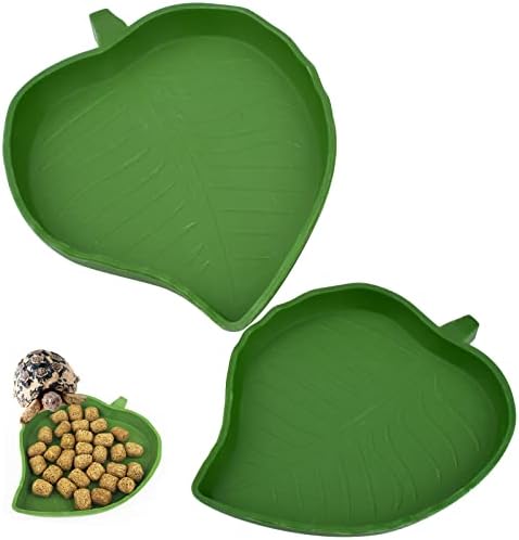 Leaf Shape Reptile Food Water Bowl 2 Pieces Reptile Plate Dish Drinking Bowl for Tortoise Corn Snake Crawl Pet Drinking and Eating, 2 Sizes