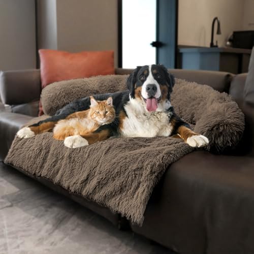 Calming Dogs/Cats Bed Mats, Dog Pad Washable Removable Couch Cover, Plush Long Fur Mat for Pets, Waterproof, Perfect for Small, Medium and Large Dogs and Cats (Desert Brown, 59"x39"x 6.0")