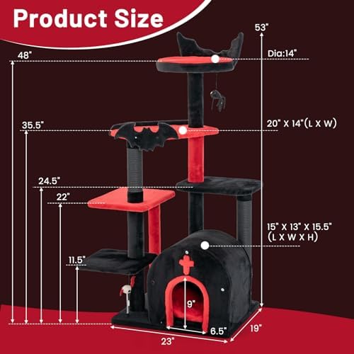 Tangkula Gothic Cat Tree, 53 Inch Black Cat Tower with Coffin Bed, Condo, Scratching Posts, Spider Pompom & Spring Balls, Halloween Pet Furniture, Spooky Goth Cat Tree for Indoor Cats
