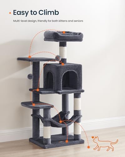 SONGMICS HOME Cat Tree for Indoor Cats, Multi-Level Tower Condo with Sisal Scratching Posts, Hammock and Condo, Dark Gray