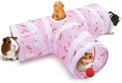Bissap Guinea Pig Tunnel, Collapsible Hamster Tunnel and Tube 3 Ways Pet Hideout with 1 Play Ball for Indoor Guinea Pig Chinchilla Hamster Rat Small Animal Activity Fun Toys (Pink)
