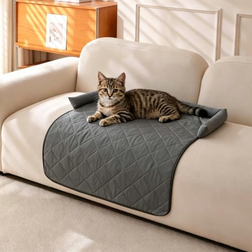 Calming Dog Couch Bed with Head Support, Waterproof Sofa Cover, Grey, S