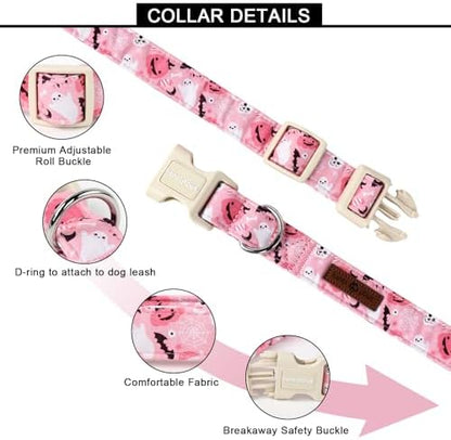 Lionet Paws Halloween Pink Dogs Collar Halloween, Ghost Pumpkin Puppy Collars with Quick Release Buckle for Boy and Girl Female Dogs Small, XS, Neck 8-12 inches