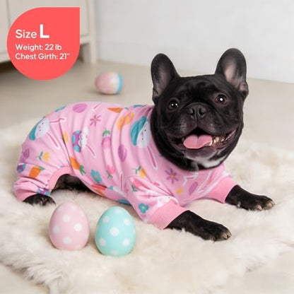 KYEESE Easter Dog Pajamas, Soft Dog Pajamas for Small Dogs Girl, Stretchy Dogs Pjs Velvet Pet Jumpsuit with Eggs & Bunny Pattern, Comfy Lightweight Pet Outfit, Pink, L