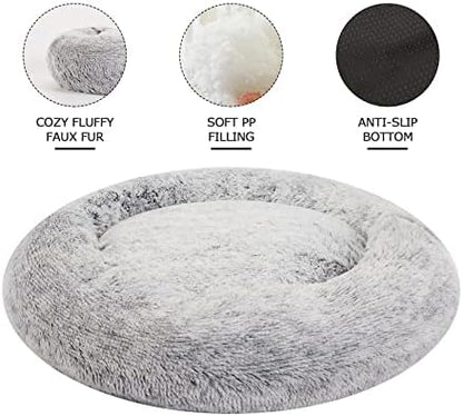 Bedfolks Calming Fluffy Donut Dog Bed for Medium Dogs,Dark Grey, 30" Round