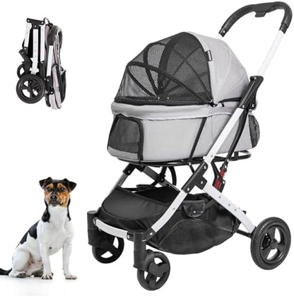 Pet Stroller for Medium Small Dog & Cat, Foldable Lightweight Dog Stroller with Storage Basket Pet Travel Carriage with Safety Leashes, 4 Wheel, Gray