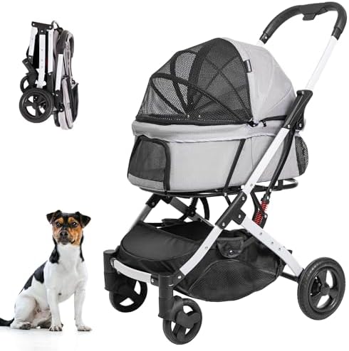 Pet Stroller for Medium Small Dog & Cat, Foldable Lightweight Dog Stroller with Storage Basket Pet Travel Carriage with Safety Leashes, 4 Wheel, Gray