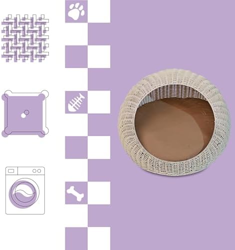 CBD3000C Fiora 19.5" x 18" Modern Circular Faux Wicker Pet Bed with Machine-Washable Cushion, Cat Beds for Indoor Cats, White